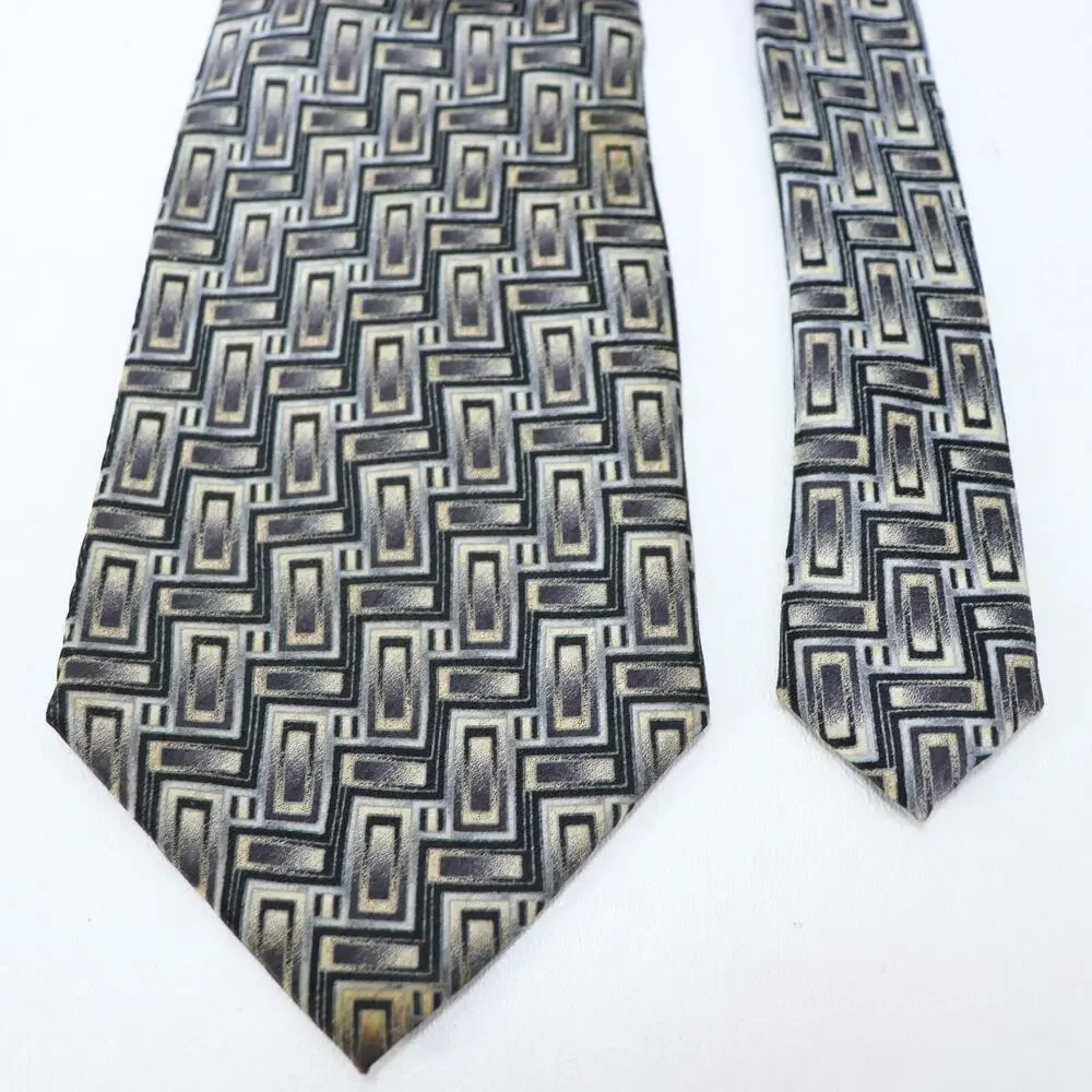 Vintage Pierre Cardin Tie Mens 60 in Silk Black White Gray Geo Stairs Wide